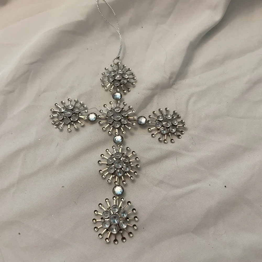 Vintage Y2K Rhinestone Snowburst Cross Ornament 6